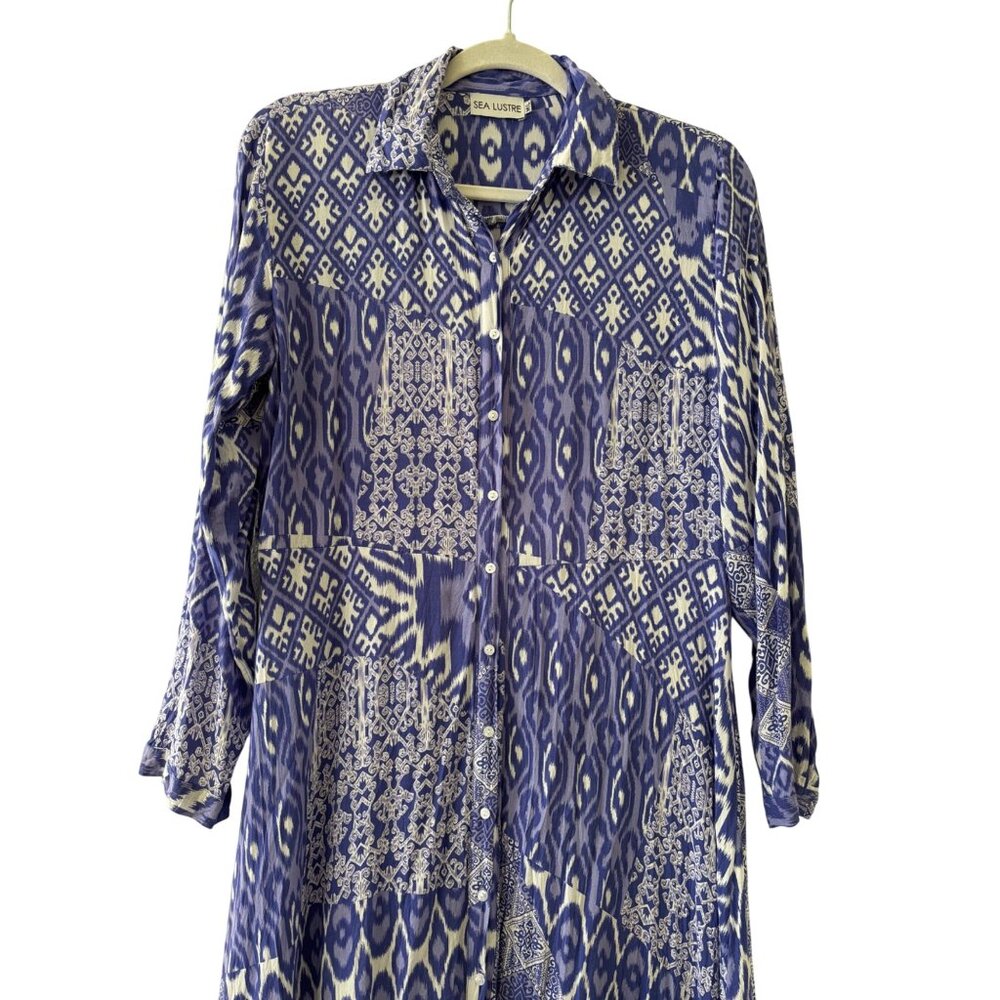 Sea Lustre Blue White Patchwork Pattern Button-Down Midi Dress W/ 3/4 Sleeves
